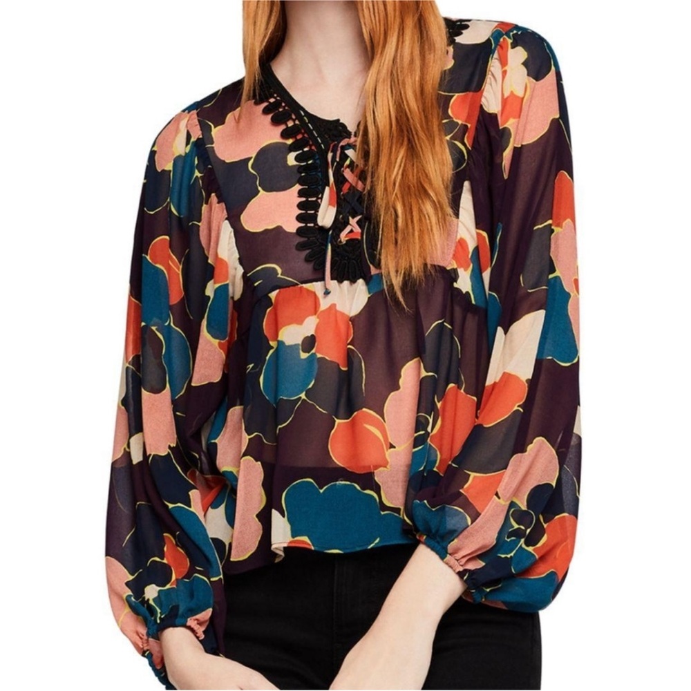 NEW BCBGeneration bishop sleeve multicolored top lace embroidery tie closure